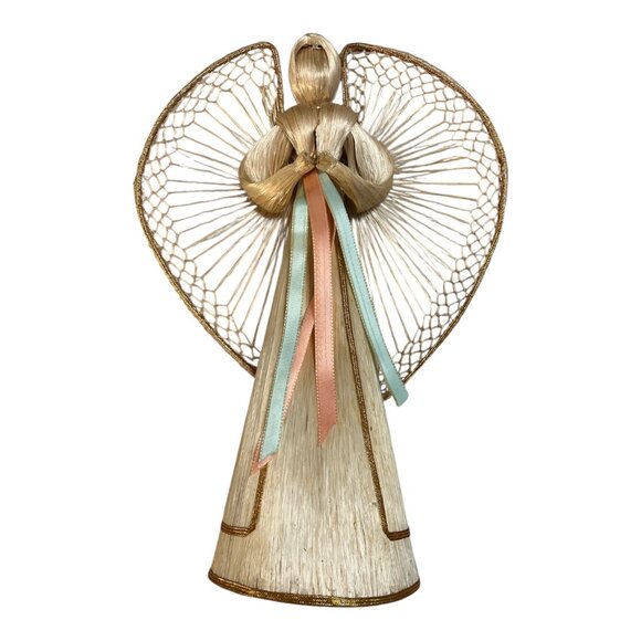 Vintage Straw Angels – 1986 & 1987 Set of 2 Handmade Corn Husk Figurines with Ri - Picture 2 of 7